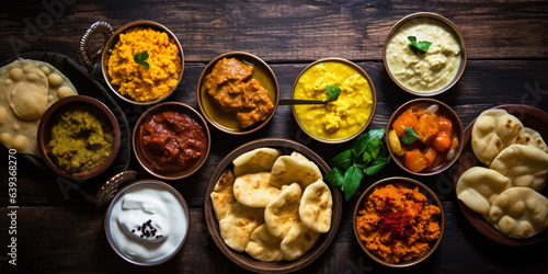 Indian food assorted on dark wooden background. Appetizers and dishes of indian cuisine. Curry, butter chicken, rice, lentils, paneer, samosa, naan, chutney, spices.