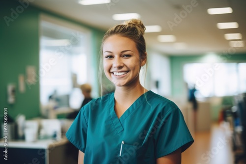 Smiling portrait of a young caucasian female nurse working in a hospital