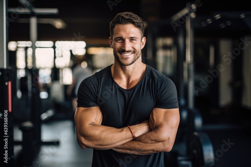 Smiling portrait of a young male caucasian fitness instructor trainer working in a gym © Baba Images