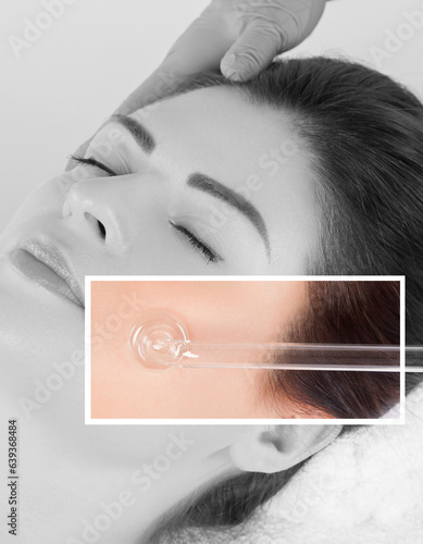 Microcurrent therapy of the facial skin of a beautiful, young woman in a beauty salon.Cosmetology and professional skin care. photo