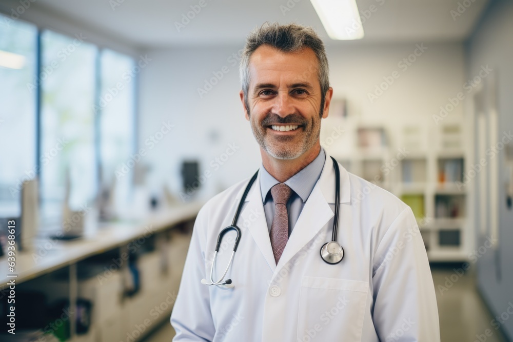 Smiling portrait of a middle aged caucasian doctor in a doctors office in the hospital Smiling portrait of a middle aged caucasian doctor in a doctors office in the hospital