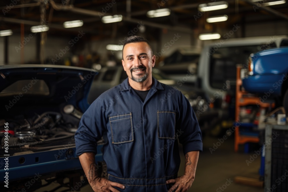 Smiling portrait of a middle aged mexican car mechanic working in a mechanics shop Smiling portrait of a middle aged mexican car mechanic working in a mechanics shop