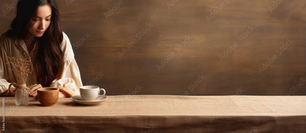 A woman with coffee sits at a brown desk on a tablecloth A woman with coffee sits at a brown desk on a tablecloth