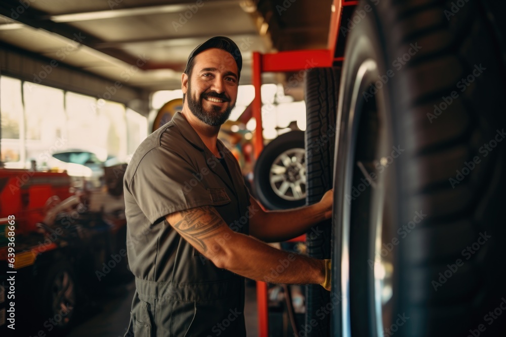 Smiling portrait of a middle aged mexican car mechanic working in a mechanics shop
