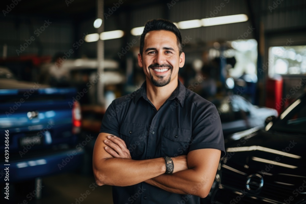 Smiling portrait of a middle aged mexican car mechanic working in a mechanics shop