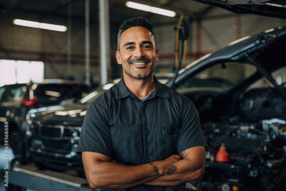 Smiling portrait of a middle aged mexican car mechanic working in a mechanics shop Smiling portrait of a middle aged mexican car mechanic working in a mechanics shop