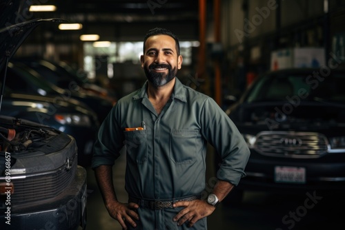 Smiling portrait of a middle aged mexican car mechanic working in a mechanics shop © Baba Images