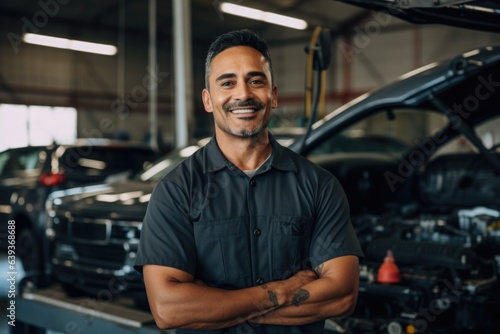 Smiling portrait of a middle aged mexican car mechanic working in a mechanics shop