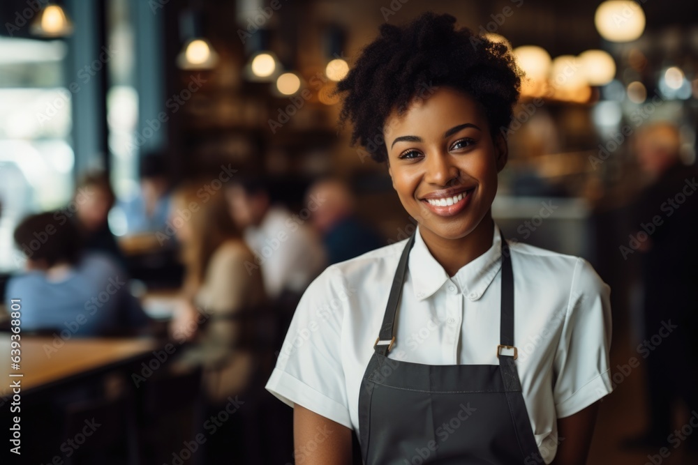Fototapeta premium Smiling of a young female african american waitress working in a cafe bar
