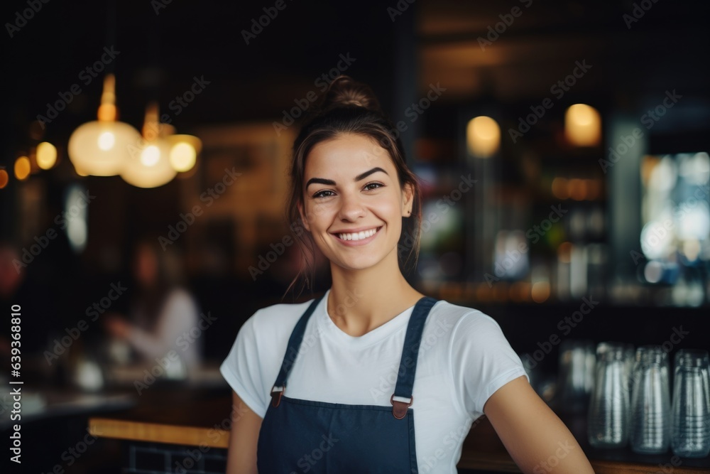 Smiling portrait of a female caucasian waitres working in a cafe bar