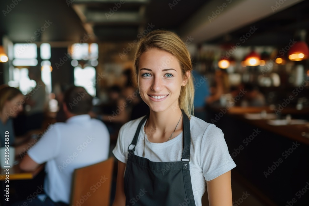 Smiling portrait of a female caucasian waitres working in a cafe bar Smiling portrait of a female caucasian waitres working in a cafe bar