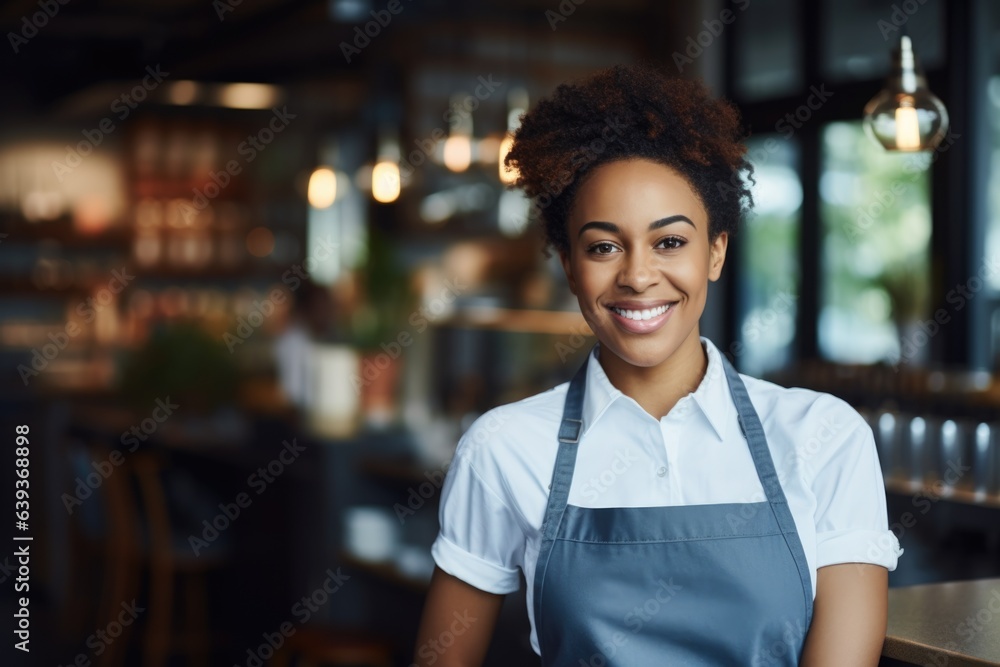 Smiling portrait of a young female african american barista working in a cafe bar Smiling portrait of a young female african american barista working in a cafe bar