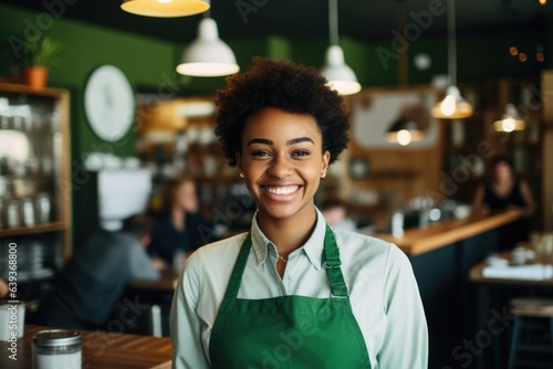 Smiling of a young female african american waitress working in a cafe bar