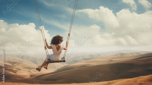 A carefree woman traveler, arms outstretched, joyfully swings amidst a backdrop of breathtaking scenery, reveling in the liberation and blissful moments of life.