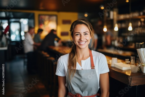 Smiling portrait of a female caucasian waitres working in a cafe bar