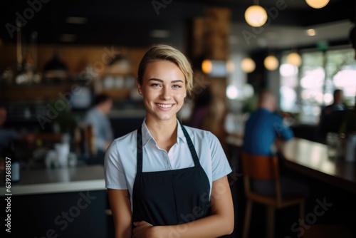 Smiling portrait of a female caucasian waitres working in a cafe bar © Baba Images