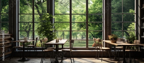 Comfortable cafe with a spacious summer park view
