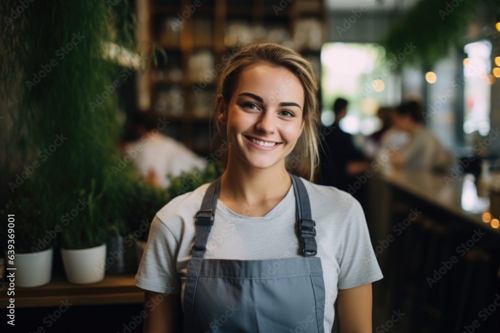 Smiling portrait of a young female caucasian barista wokring in a cafe bar