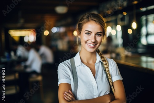 Smiling portrait of a young female caucasian barista wokring in a cafe bar