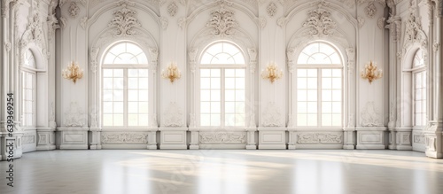 Wallpaper Mural Luxurious spacious room with a regal and opulent ambiance adorned with stucco decorations on high walls and ceiling filled with sunlight and an extra white color scheme Torontodigital.ca