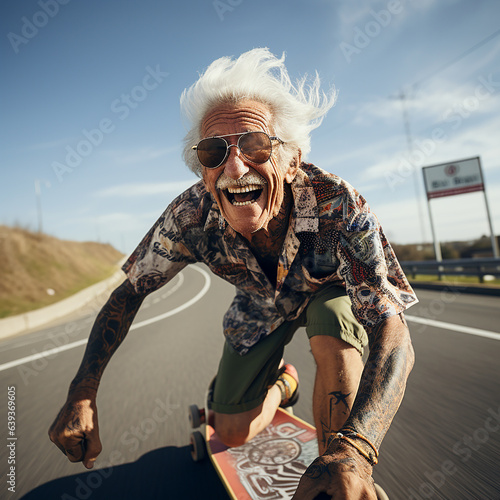 An elderly man with tattoos, in bright clothes rides a skateboard and laughs merrily, active lifestyle and sport at any age