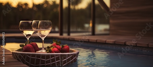Champagne glasses by the jacuzzi with strawberry and chocolate