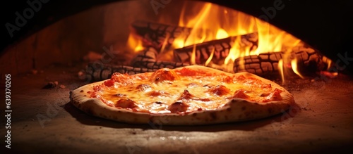 Blazing fire inside oven used for pizza