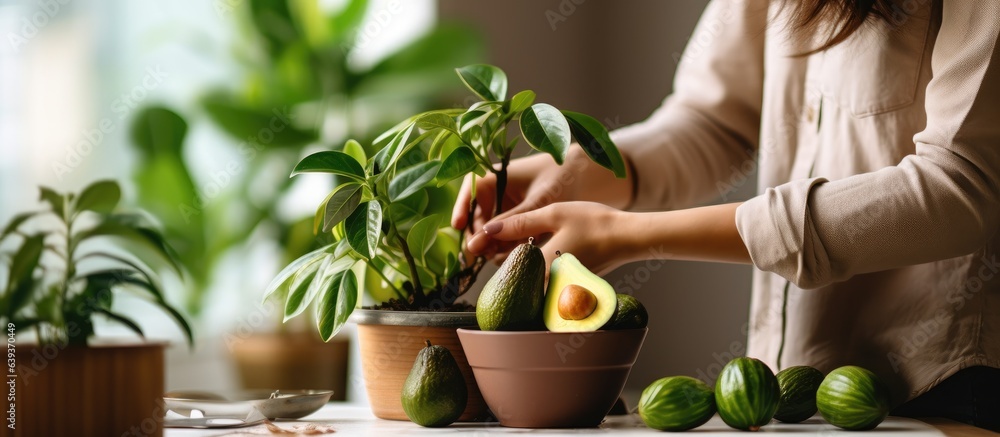 A lady nurtures an avocado seedling indoors Incorporating indoor plants in home decor A lady nurtures an avocado seedling indoors Incorporating indoor plants in home decor
