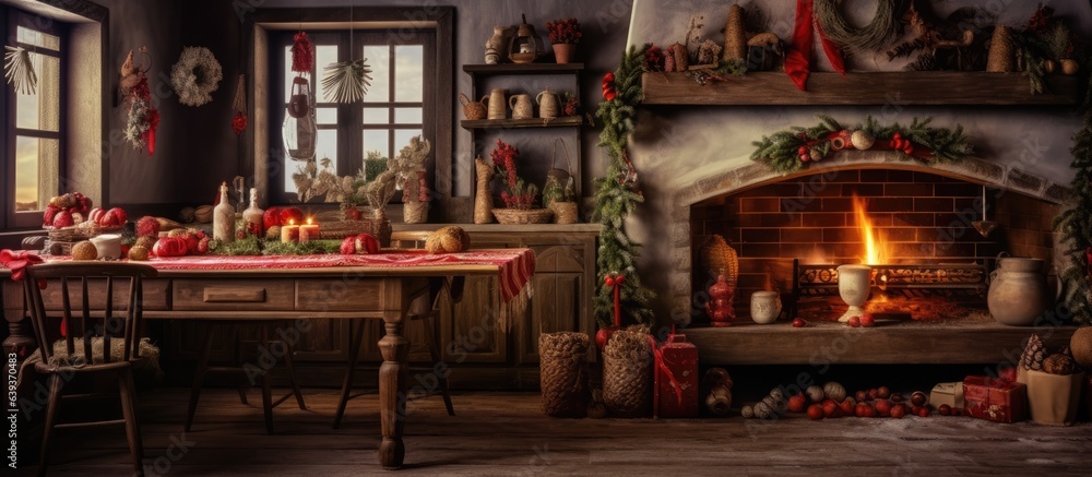 Festively adorned cozy kitchen for Christmas