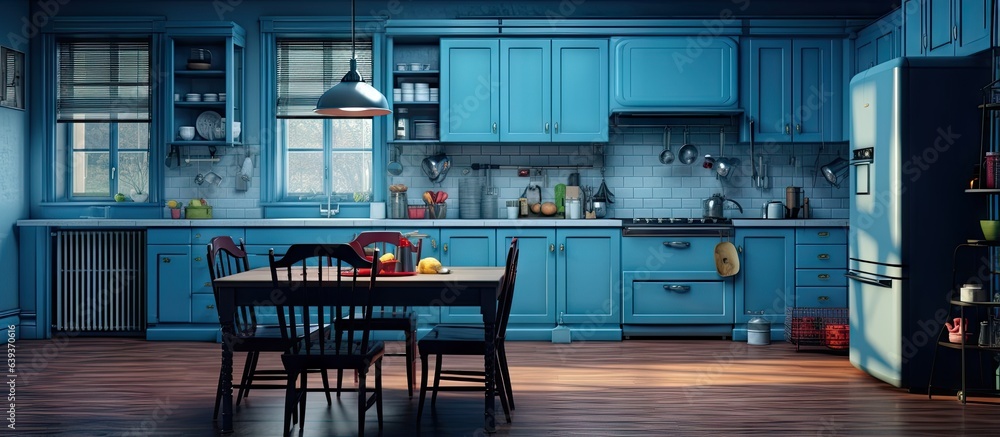 Interior design for a blue kitchen