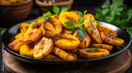 Ripe fried African plantain - local staple food served as meals with sauce or as a side dish in Nigeria, West Africa and other African countries photo
