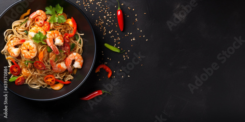 Top-Down View of Shrimp and Vegetable Stir-Fry Over Black Bowl on Slate Background photo