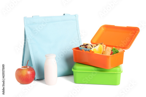 Bag and lunchboxes with delicious food isolated on white background