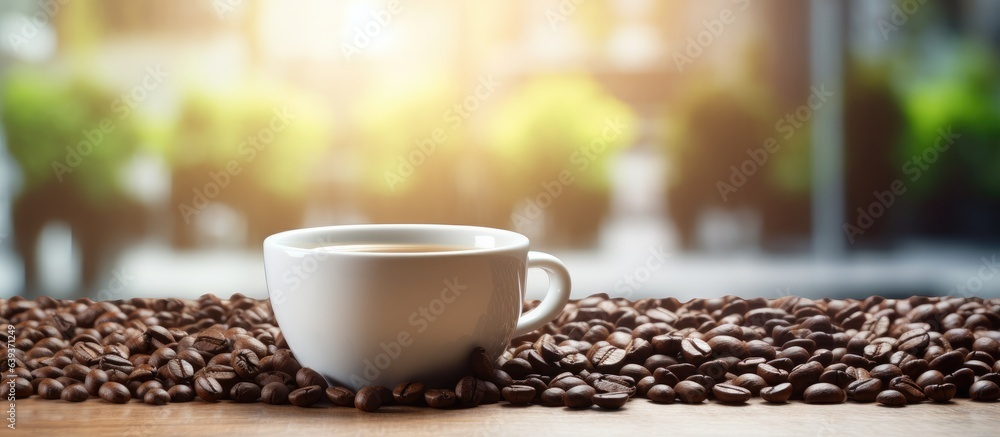 Coffee beans and coffee in cup on wooden table in museum with defocused interior Collage Selective Focus Toned Coffee beans and coffee in cup on wooden table in museum with defocused interior Collage Selective Focus Toned