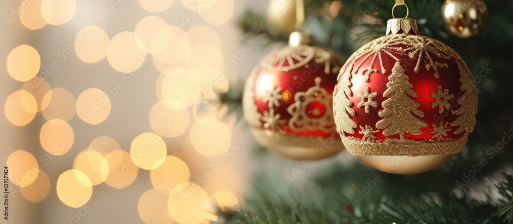 Naklejka premium Christmas tree decorated with ornaments Merry Christmas and Happy New Year 2023