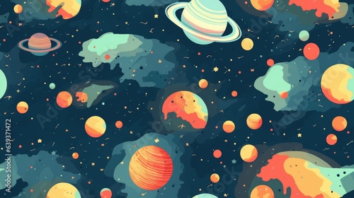 Space seamless repeat pattern background. Planets, stars, asteroids, in outer space. Generative AI