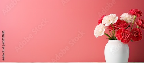 Colorful wall with vase of pretty carnations on table