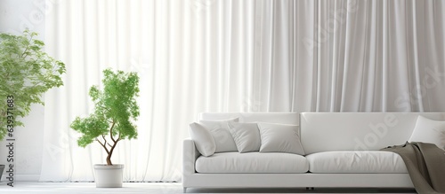 Modern living room with sunny day and white curtain backdrop