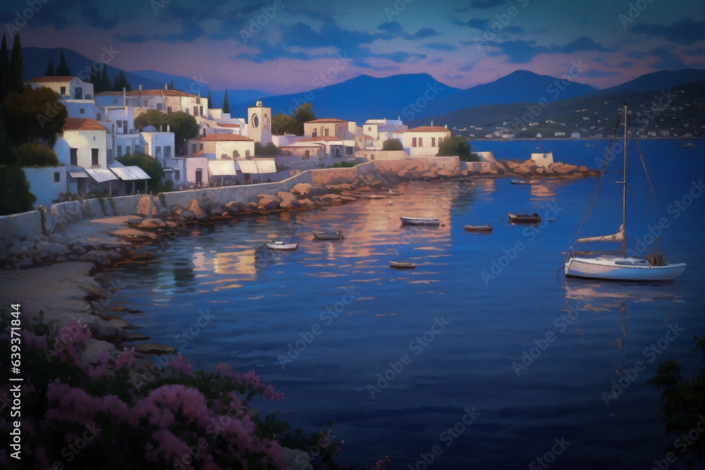 A generative AI illustration capturing the serene beauty of a Mediterranean coast at sunset. A picturesque scene of a Mediterranean coast at sunset
