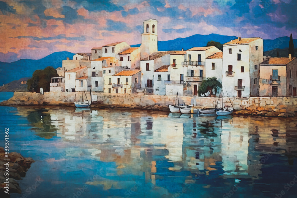 A generative AI illustration capturing the serene beauty of a Mediterranean coast at sunset. A picturesque scene of a Mediterranean coast at sunset