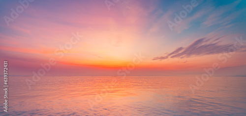 Inspirational calm sea with sunset clouds sky. Meditation ocean and sky background. Colorful horizon over the water. Relaxing seascape skyscape sun rays. Panoramic nature horizon dream fantasy ecology