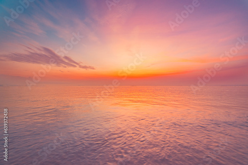 Inspirational calm sea with sunset clouds sky. Meditation ocean and sky background. Colorful horizon over the water. Relaxing seascape skyscape sun rays. Panoramic nature horizon dream fantasy ecology