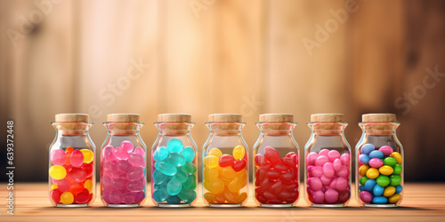 Jars with colorful candies on wooden table. Generative AI