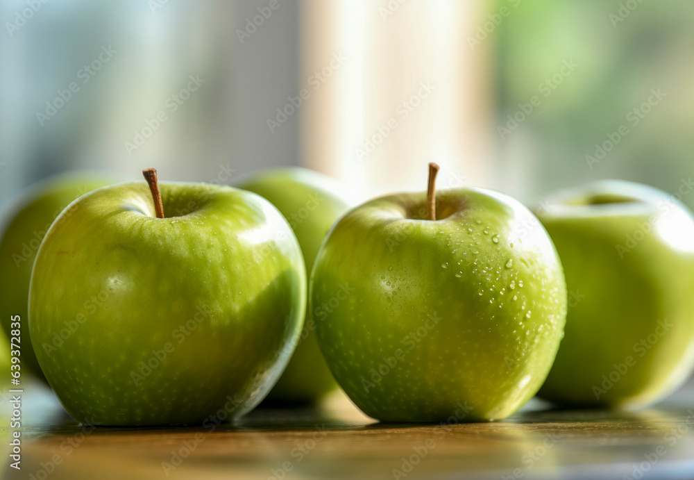 Frische knackige grüne Bio-Äpfel, Generative KI - obrazy, fototapety, plakaty 