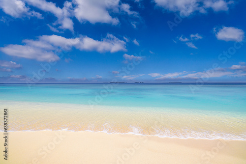 Tropical beach view. Calm and relaxing empty beach scene  blue sky. Tranquil nature. Summer seascape skyscape beautiful waves splashing on beach sand  blue sea water in sunny day. Meditation ocean
