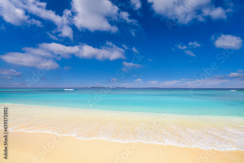 Tropical beach view. Calm and relaxing empty beach scene, blue sky. Tranquil nature. Summer seascape skyscape beautiful waves splashing on beach sand, blue sea water in sunny day. Meditation ocean