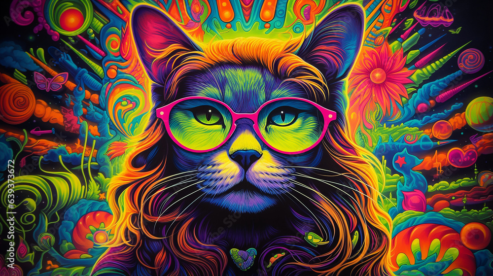 Fototapeta premium Uv fluorescente reativa feminina gata arte tapeçaria luz preta hippie rock