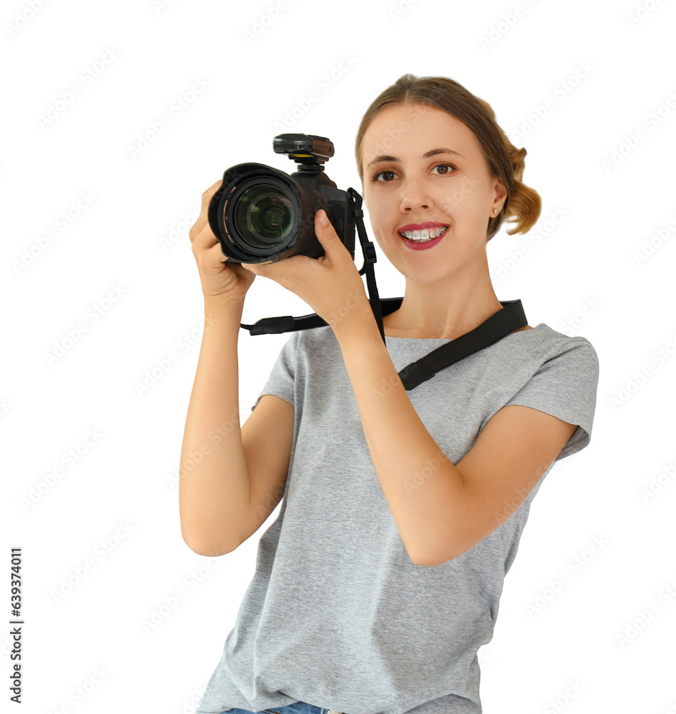 Female photographer with camera on white background Female photographer with camera on white background