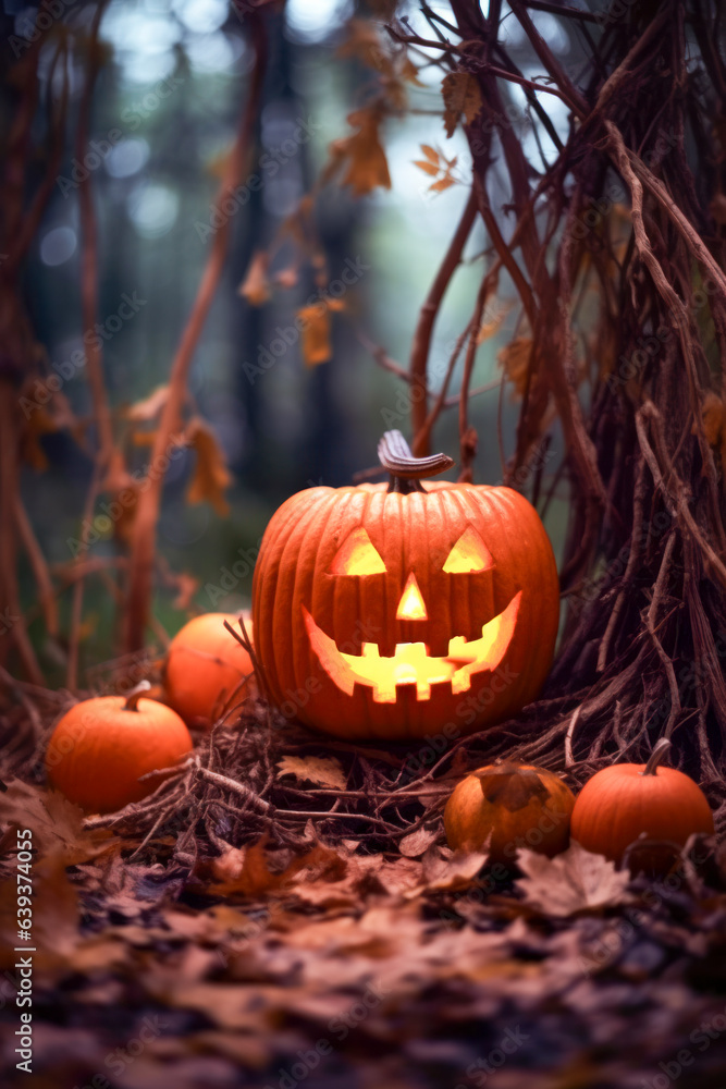 Grusselig geschnitzter und beleuchteter Kürbis, Kürbislaterne an Halloween, Generative KI Grusselig geschnitzter und beleuchteter Kürbis, Kürbislaterne an Halloween, Generative KI