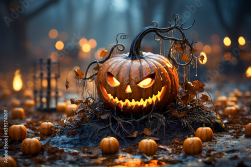 Grusselig geschnitzter und beleuchteter Kürbis, Kürbislaterne an Halloween, Generative KI